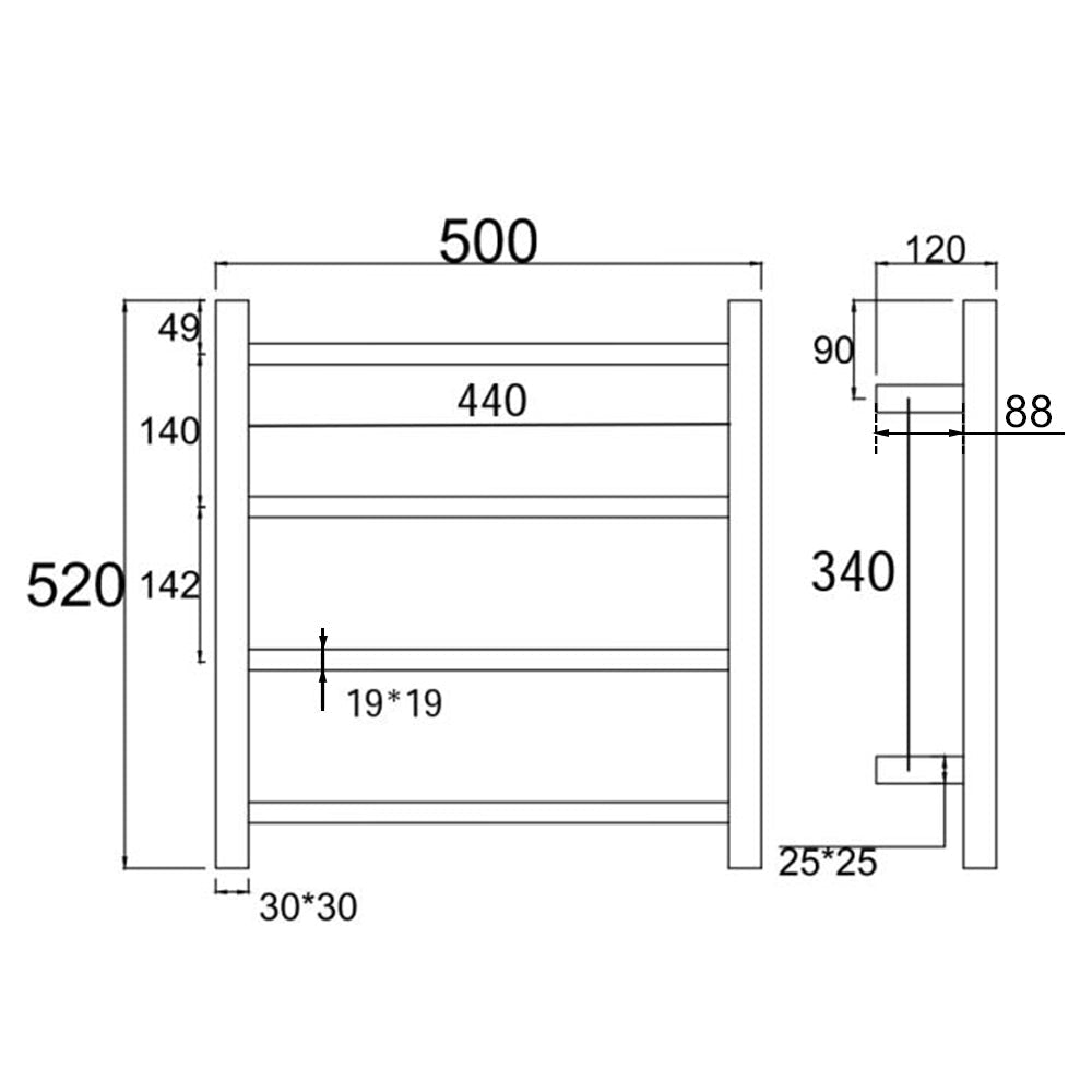 520Hx500Wx120D mm Square Matt Black Electric Heated Towel Rack 4 Bars size guide 1