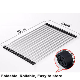 520x340mm Kitchen Sink Drainer Mat Stainless Steel Colander Caddy Dish Rollers Black - NZHomeware
