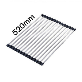 520x340mm Kitchen Sink Drainer Mat Stainless Steel Colander Caddy Dish Rollers Black - NZHomeware