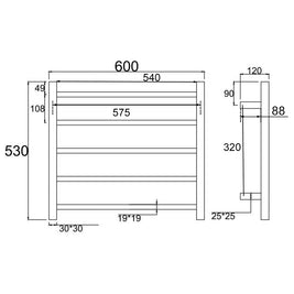 530Hx600Wx120Dmm Square Matt Black Electric Heated Towel Rack 5 Bars - NZHomeware