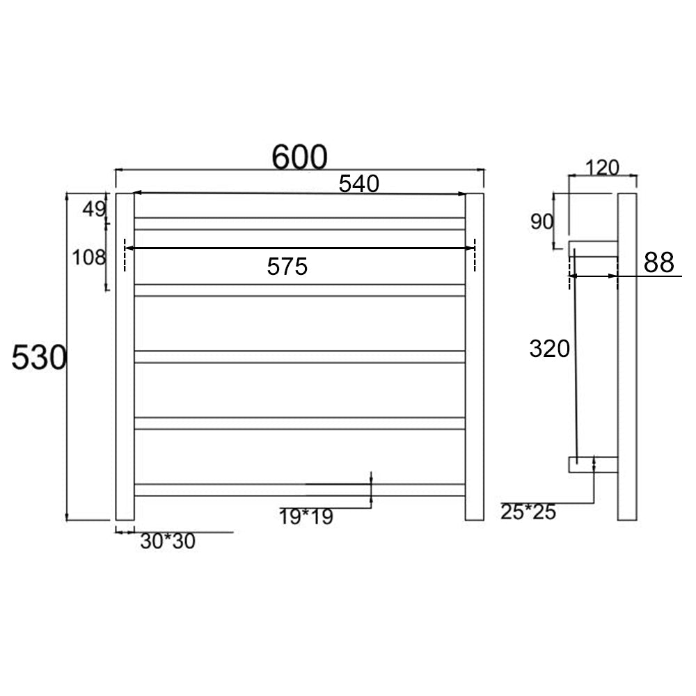 530Hx600Wx120Dmm Brushed Yellow Gold Electric Heated Towel Rack 5 Bars size guide 1