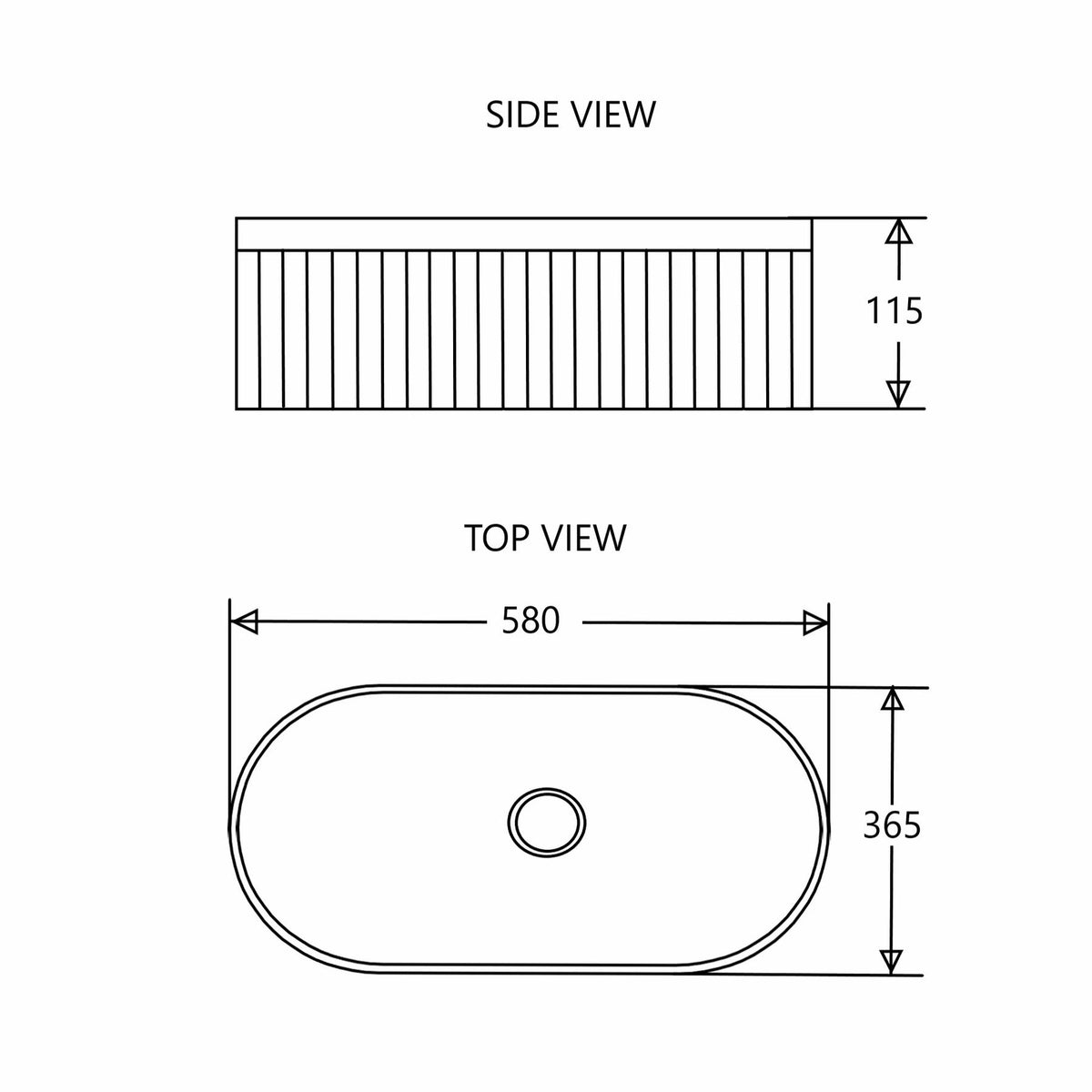 580*360*115mm Bathroom Fluted Oval Above Counter Matt Black Ceramic Wash Basin size guide 1