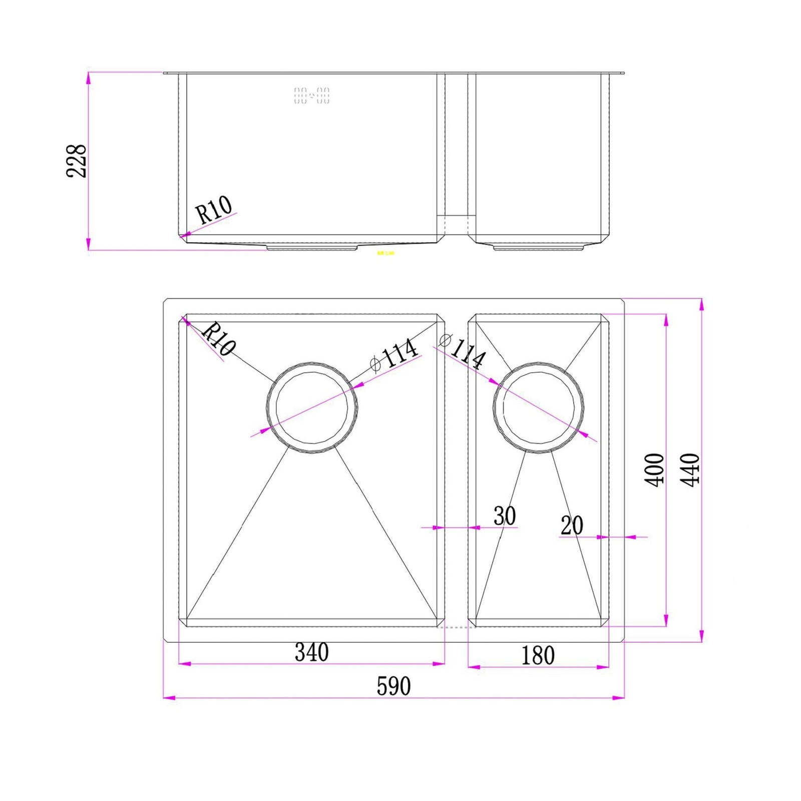 590x440 Gunmetal Grey Double Bowl Kitchen Sink Steel size guide 1