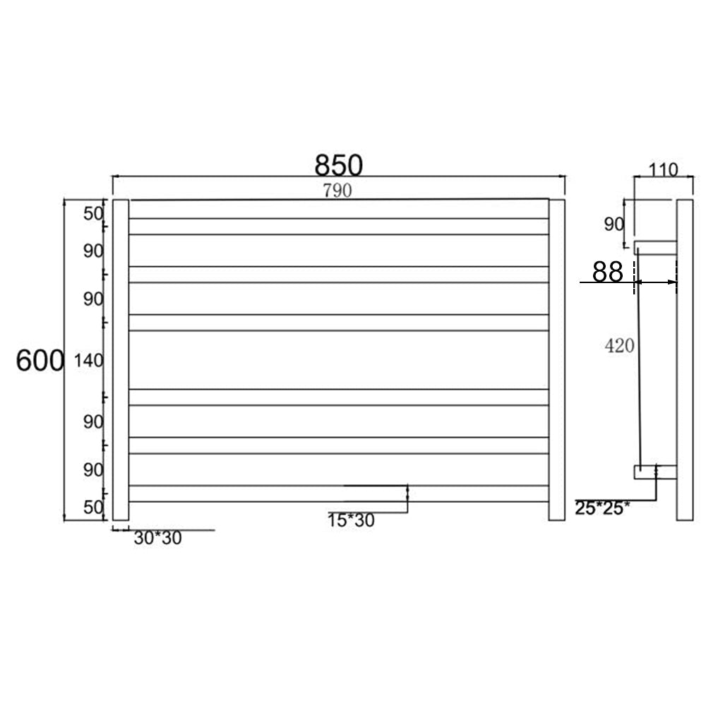600Hx850Wx120D Square Chrome Electric Heated Towel Rack 6 Bars size guide 1