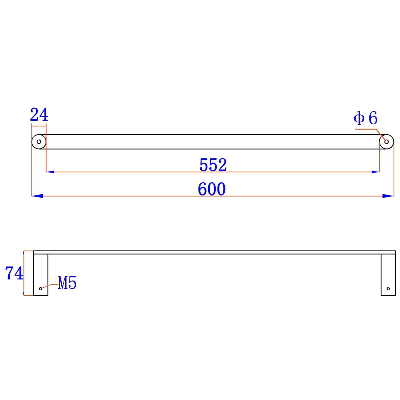 600mm Brushed Nickel Single Towel Rail Stainless Steel 304 Wall Mounted size guide 1