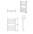 600Wx1000Hx120D 8 Square Bar Satin Finish Heated Towel Rail - NZHomeware