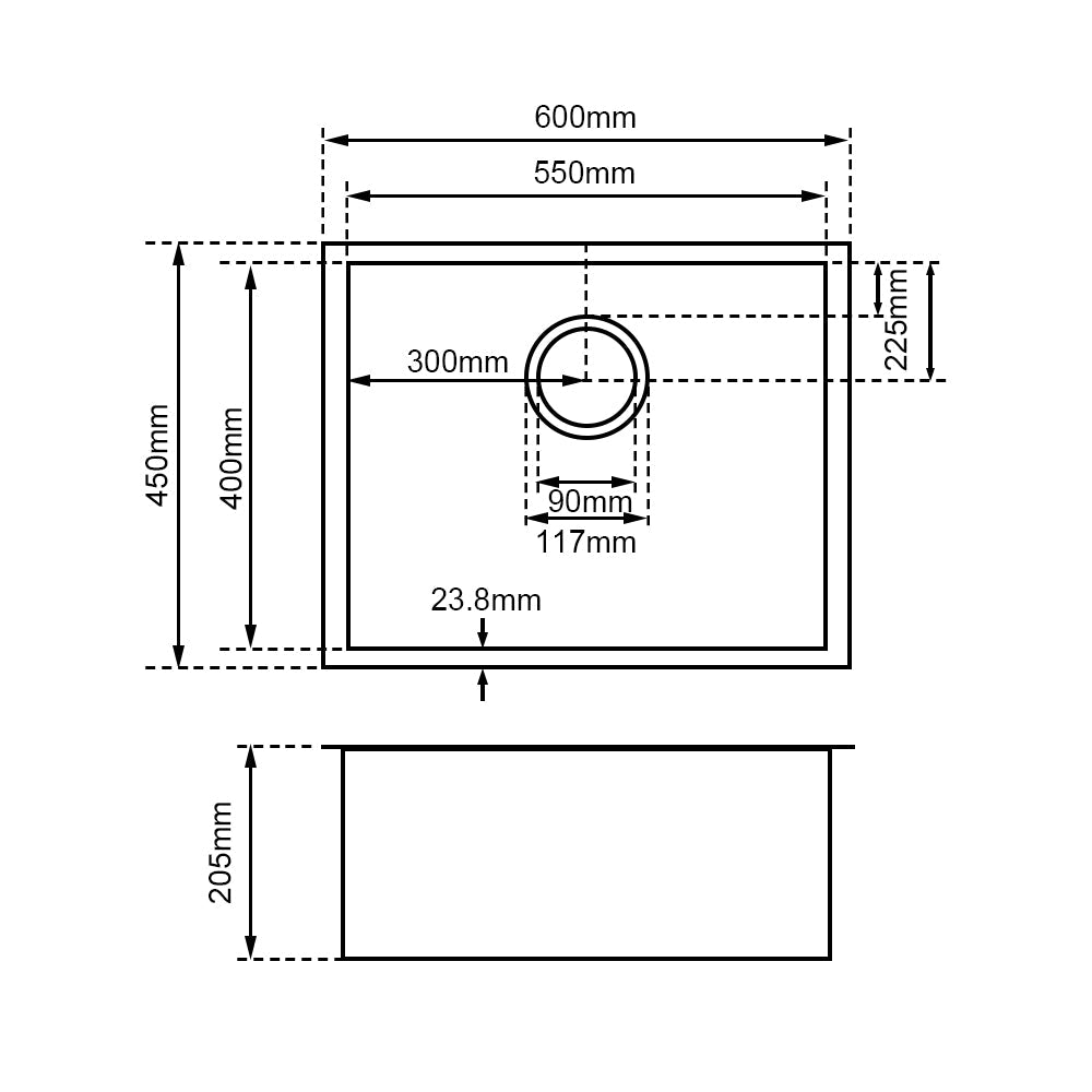 Gunmetal Grey Stainless Steel Kitchen Sink 600x450mm, Top/Undermount, Single Bowl with Overflow size guide 1