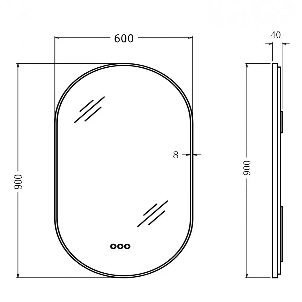 600x900mm Backlit Gunmetal Grey Frame Oval Led Mirror Oblong Racetrack Motion Sensor Auto On size guide 1
