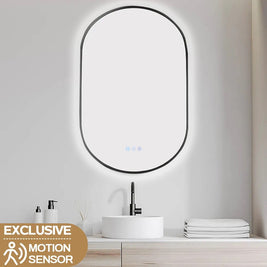 600x900mm Backlit Gunmetal Grey Frame Oval Led Mirror Oblong Racetrack Motion Sensor Auto On - NZHomeware