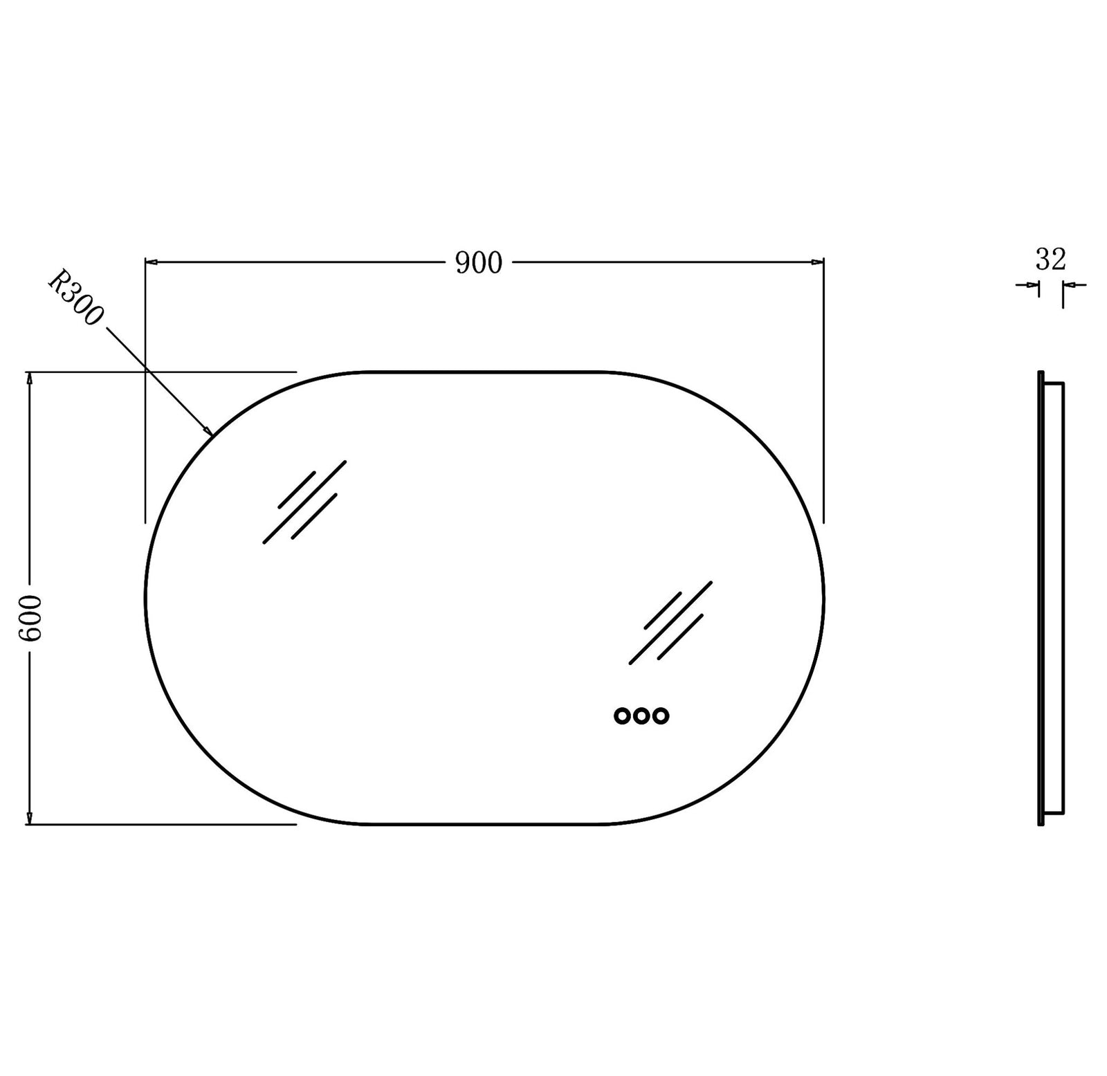 600x900mm Backlit Led Mirror Oblong Racetrack Motion Sensor Demister Touch Sensor Switch size guide 1