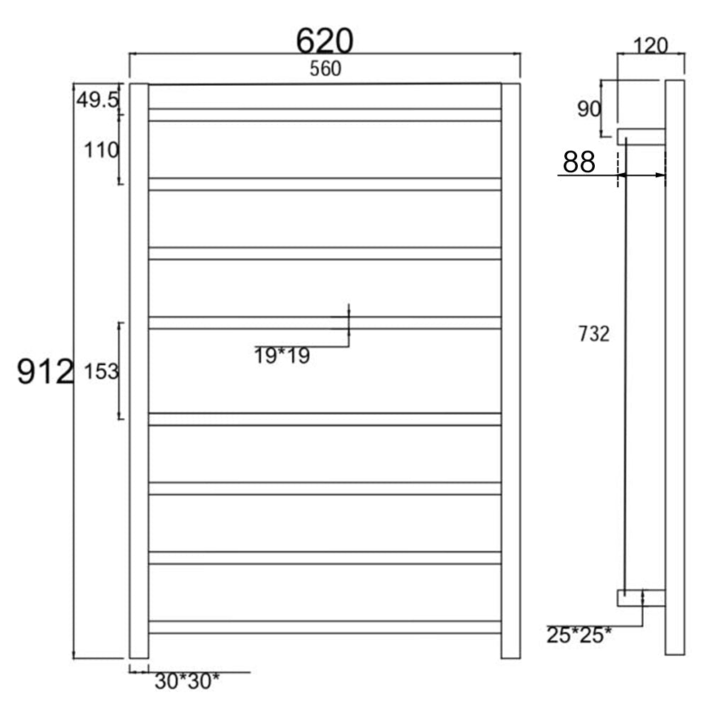 912x620x120mm Square Chrome Electric Heated Towel Rack 8 Bars size guide 1