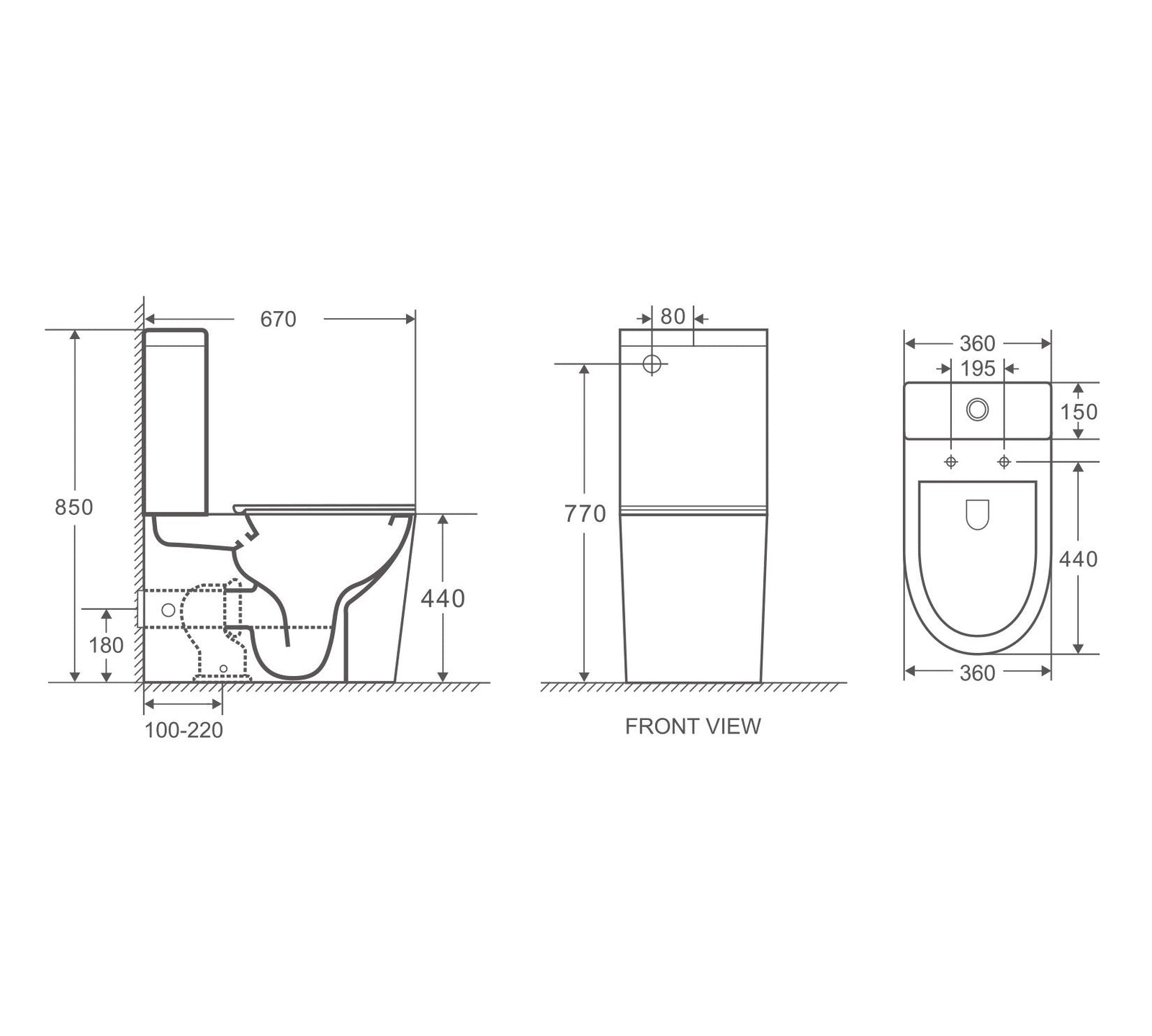 670x360x850mm Bathroom Whirlpool Silent Comfort Height Back To Wall White Ceramic Toilet Suite size guide 1