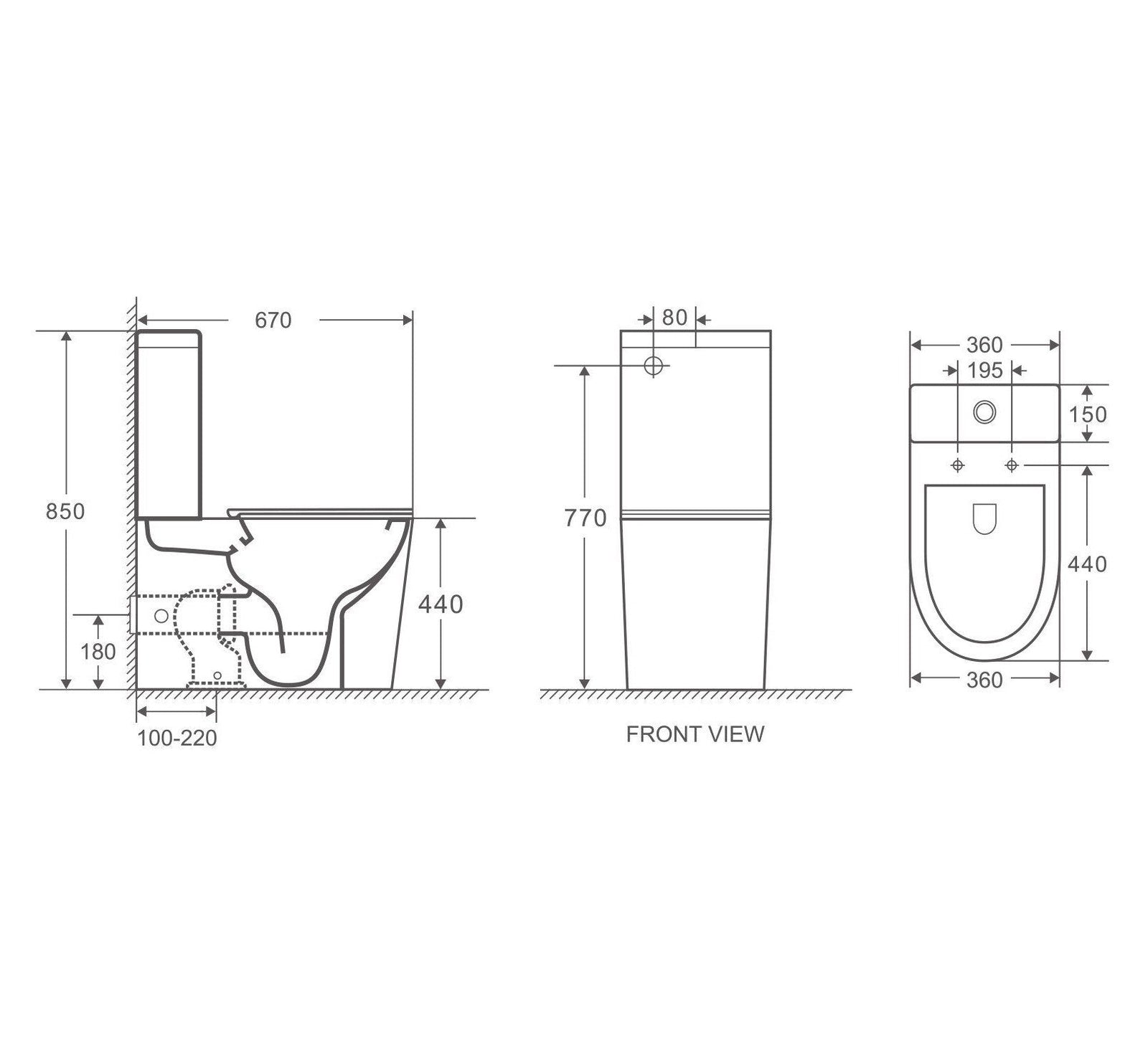 670x360x850mm Bathroom Whirlpool Ultra Quiet Comfort Height Ceramic Rimless Toilet Suite Matt Black size guide 1