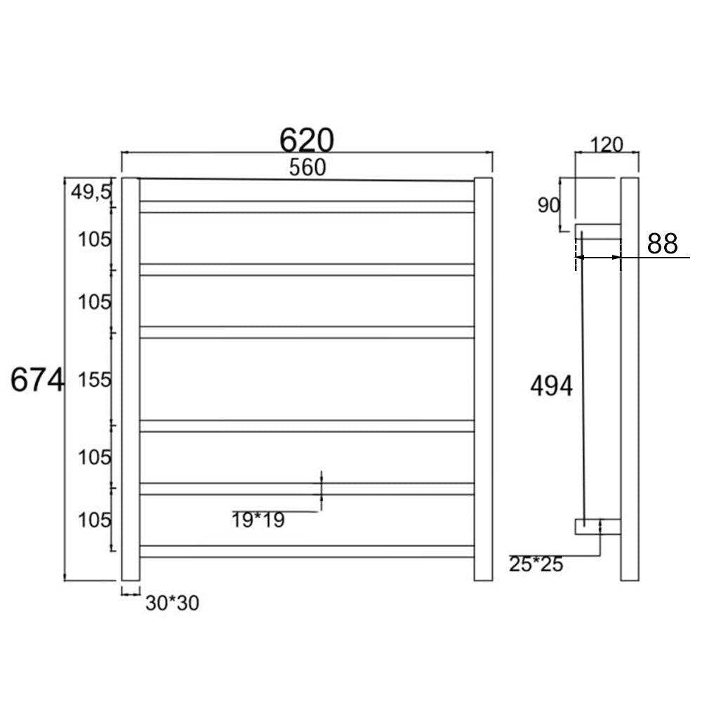 674Hx620Wx120D Square Chrome Electric Heated Towel Rack 6 Bars size guide 1
