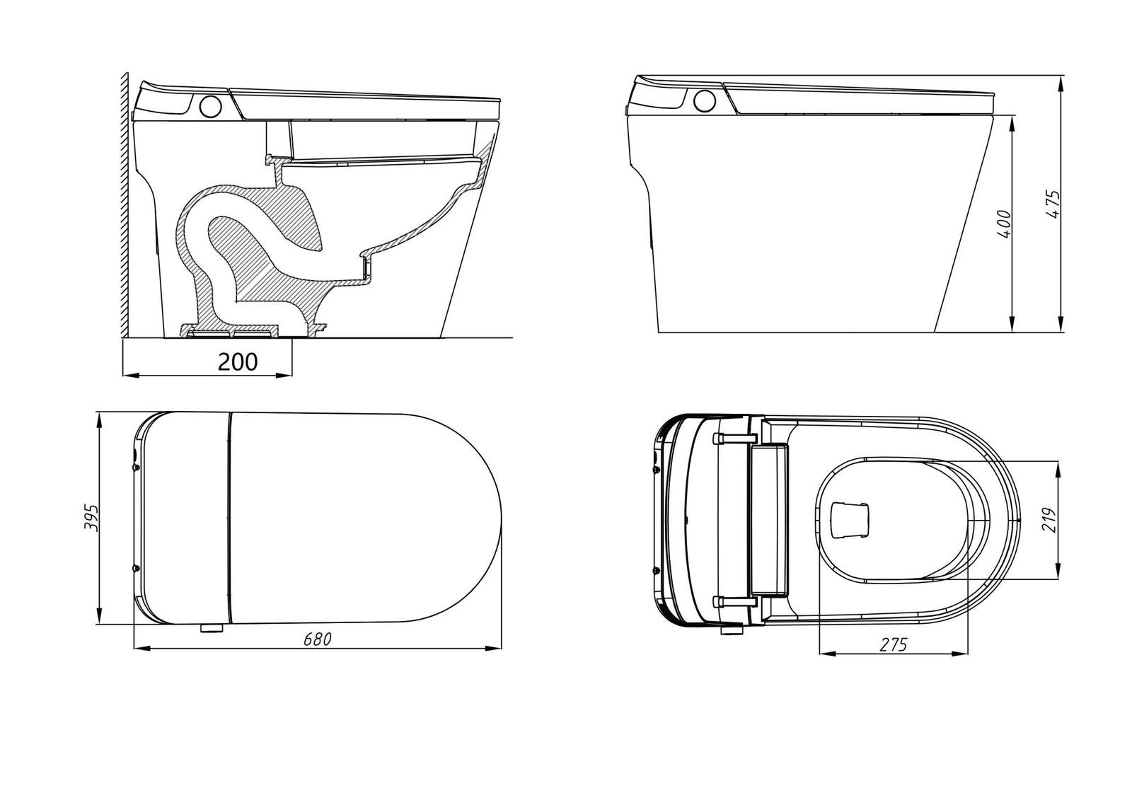 Smart Toilet Heated Bidet 680mm Automatic size guide 1