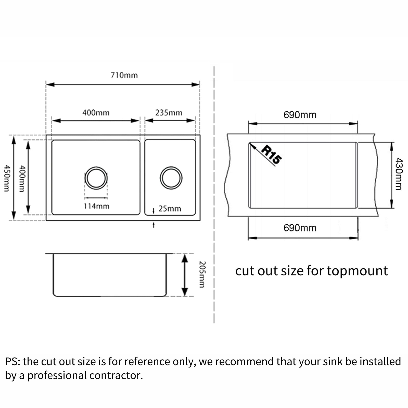 710x450x205mm Black Granite Quartz Stone Kitchen Sink Double Bowls Top/Undermount with Overflow size guide 1