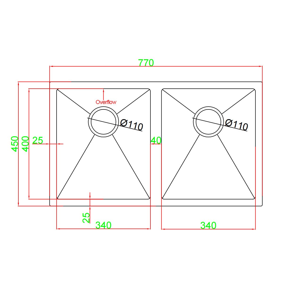 770x450x200mm 1.2mm Handmade Double Bowls Top/Undermounted Kitchen Sinks With Overflow Corrosion Resistant Oilproof Easy To Clean Scratch Resistant size guide 1