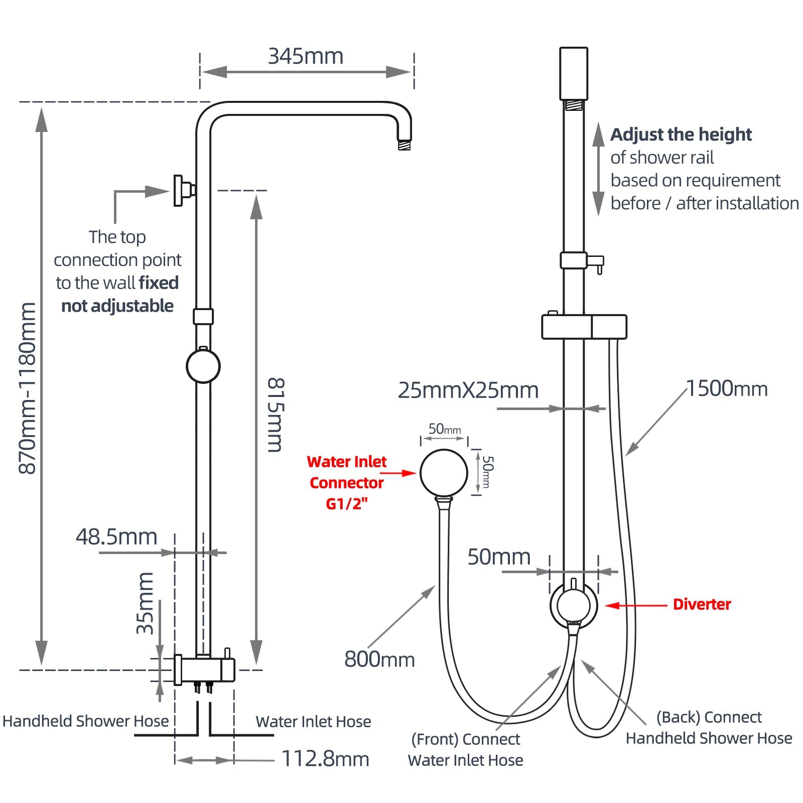 10 inch All Pressure Chrome Twin Shower Set Top/Bottom Water Inlet with Brass Handheld Shower size guide 1