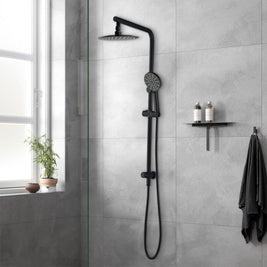 8 inch Round Matte Black Twin Shower Set Selectable Top/Bottom Water Inlet with Push Button Diverter - NZHomeware