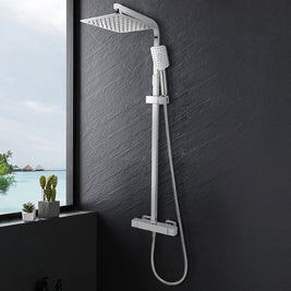 8 inch Square Chrome Twin Shower Set with Thermostatic Mixer Bottom Water Inlet Adjustable Rail - NZHomeware