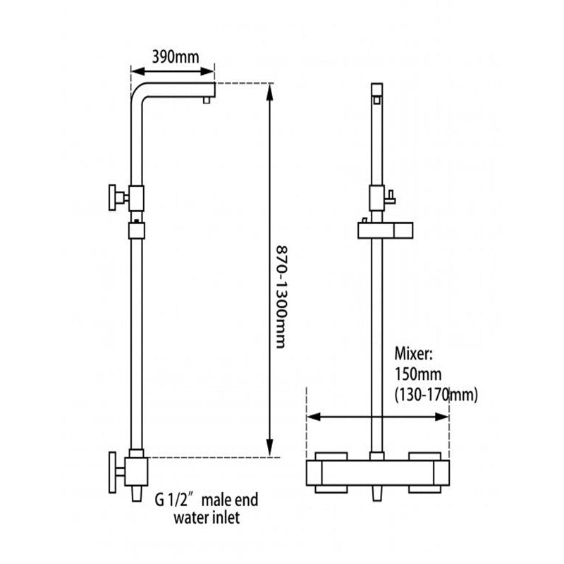 8 inch Square Matte Black Twin Shower Set with Thermostatic Mixer Bottom Water Inlet Adjustable Rail size guide 1