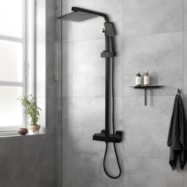 8 inch Square Matte Black Twin Shower Set with Thermostatic Mixer Bottom Water Inlet Adjustable Rail - NZHomeware