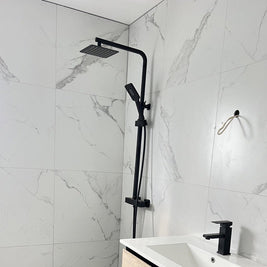 8 inch Square Matte Black Twin Shower Set with Thermostatic Mixer Bottom Water Inlet Adjustable Rail - NZHomeware