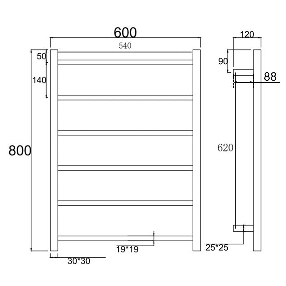 800x600x120mm Square Matt Black Electric Heated Towel Rack 6 Bars size guide 1