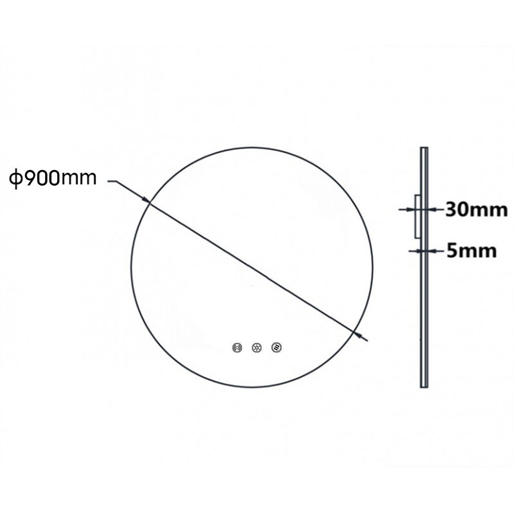 900x900mm Round LED Mirror with Motion Sensor Auto On Demister Backlit 3 Colours Lighting size guide 1