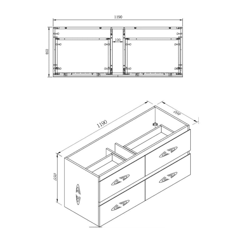 NELSON 1200MM Plywood Wall Hung Vanity - Black Double Bowl size guide 1