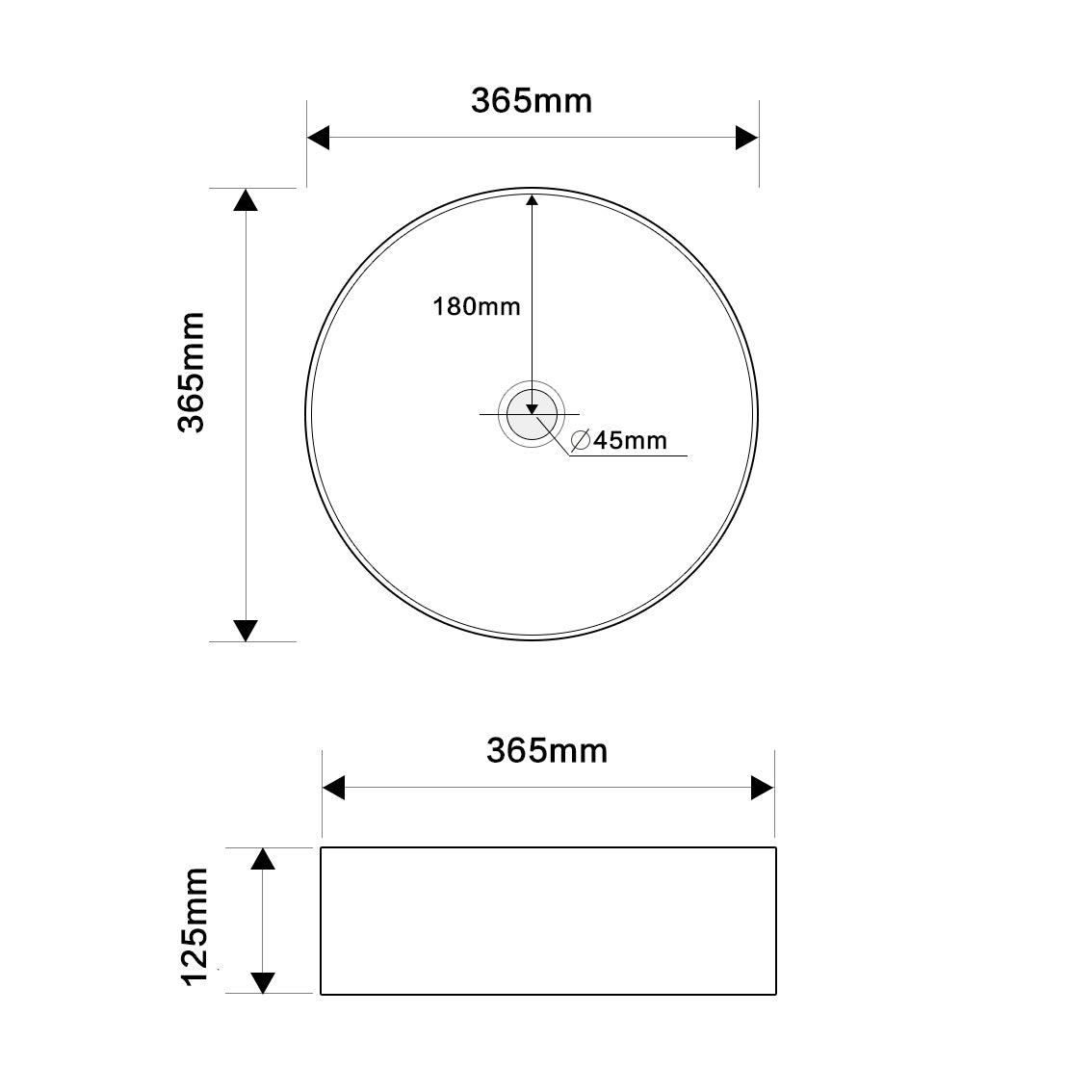 365mm Bathroom Above Counter Matt Black Ceramic Wash Basin size guide 1
