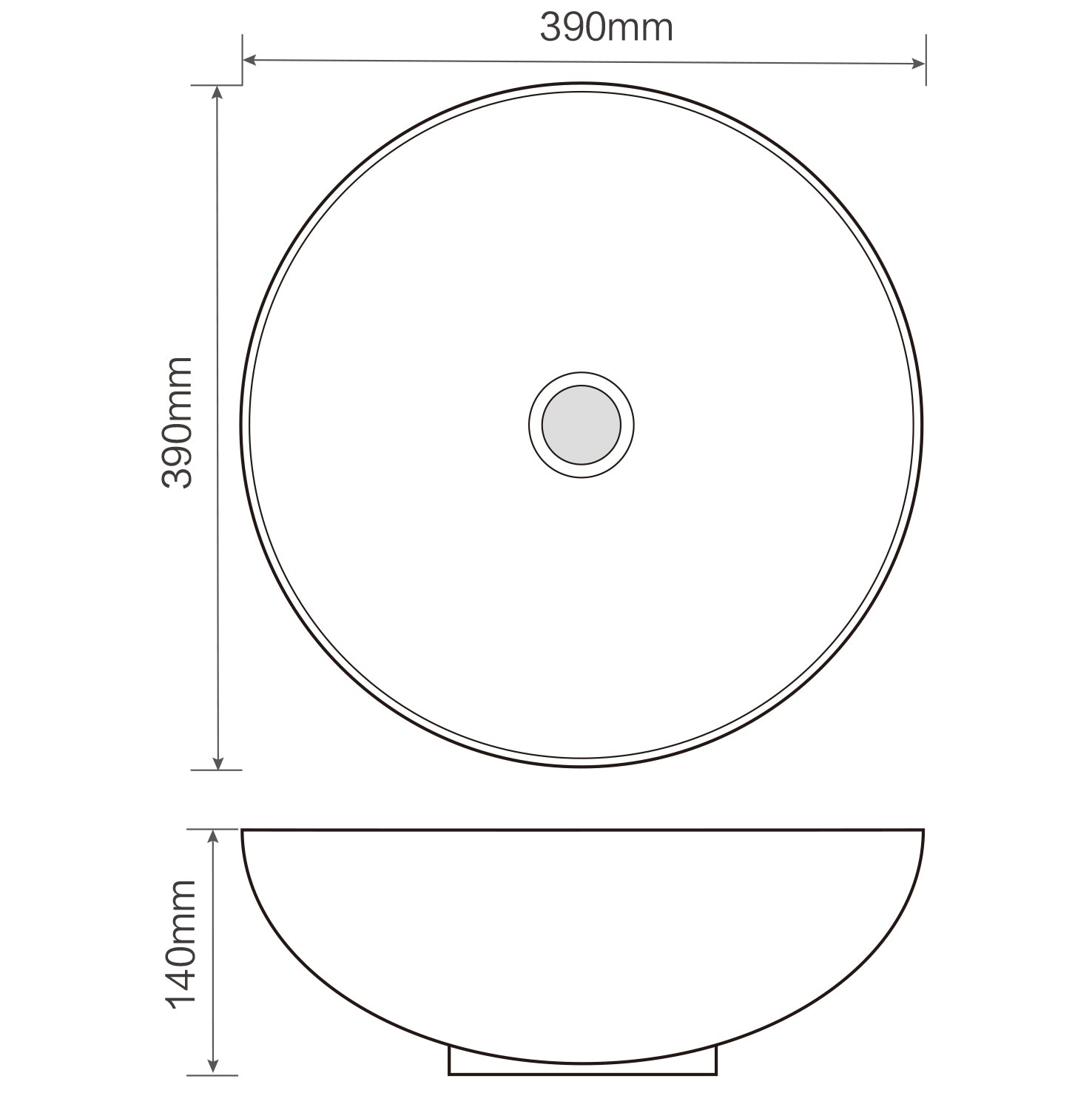 390*390*140mm Bathroom Round Above Counter Gloss White Ceramic Wash Basin size guide 1