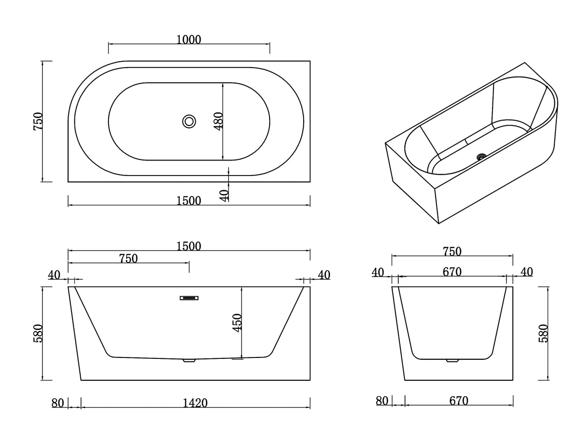 Left Corner Acrylic Bathtub | 1500x750x580mm White Bath with Overflow size guide 1