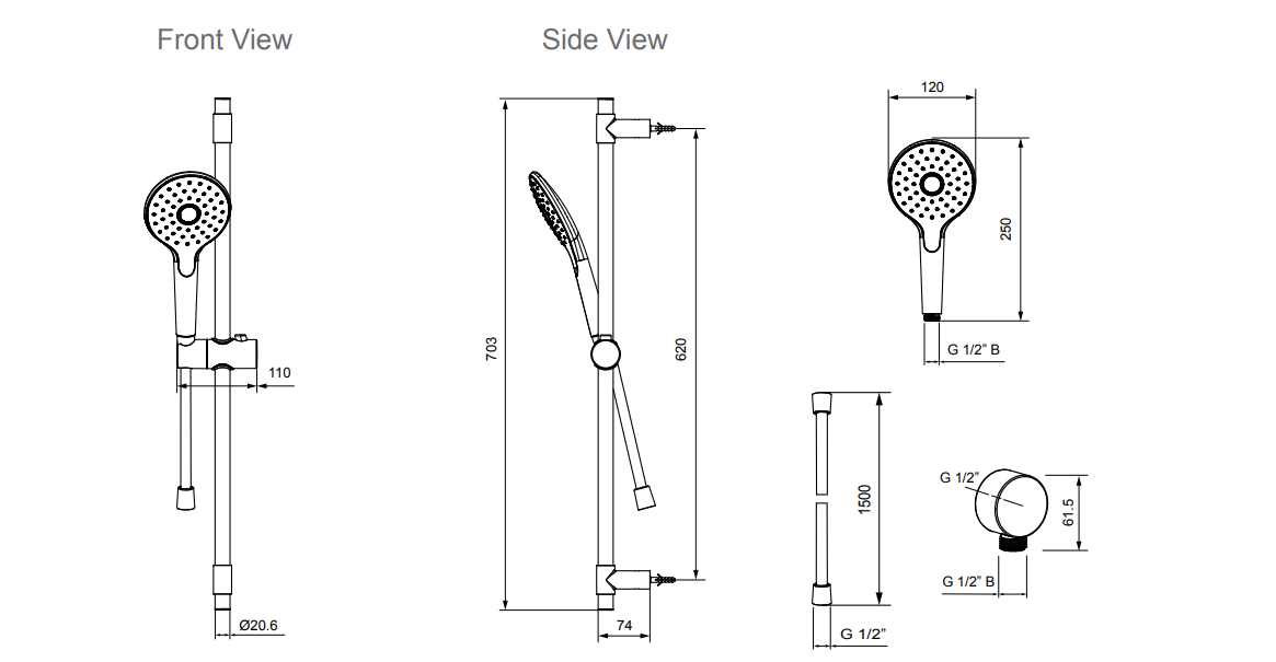 Englefield Studio Pin Slide Shower-Brushed Nickel size guide 1
