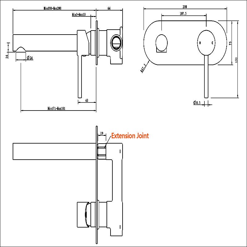 Chrome Wall Mixer Tap with Spout size guide 1