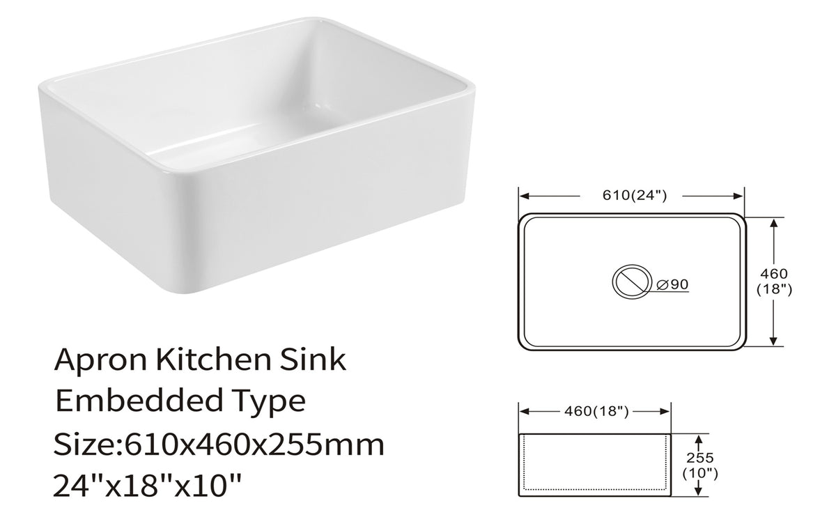 610x460x255mm Ceramic Butler Sink – Single Bowl Farmhouse Apron Front Sink size guide 1