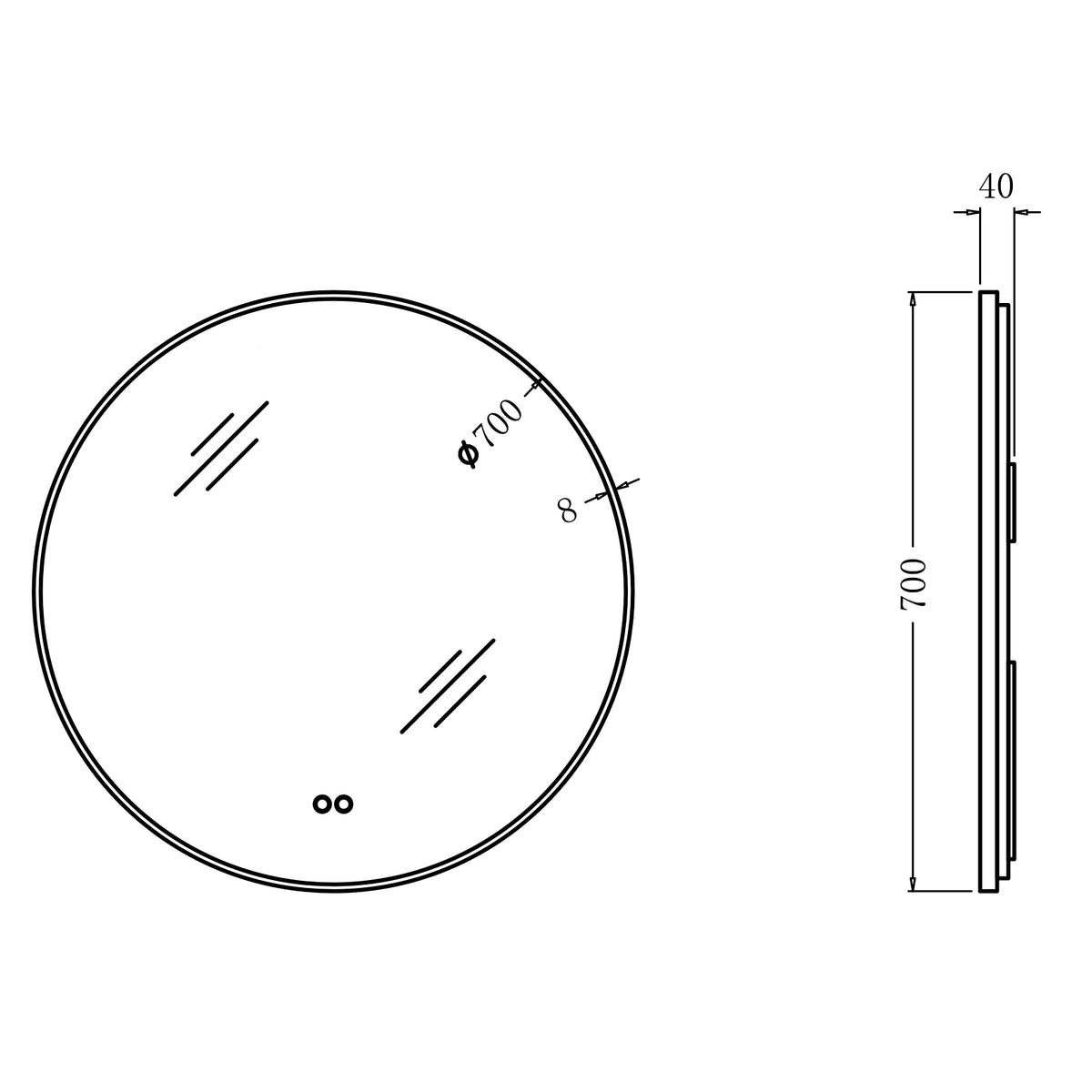 700mm Round LED Bathroom Mirror Gunmetal Grey Backlit Motion Sensor size guide 1