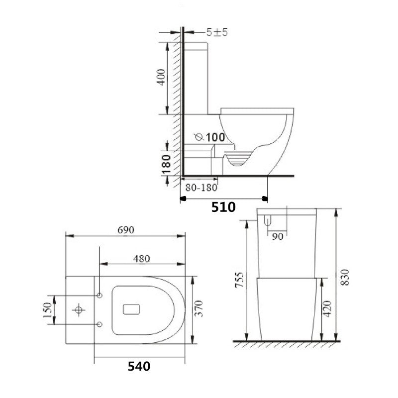 620x345x830mm Ceramic Black Rimless Back To Wall Toilets Suite Two Piece Toilets size guide 1