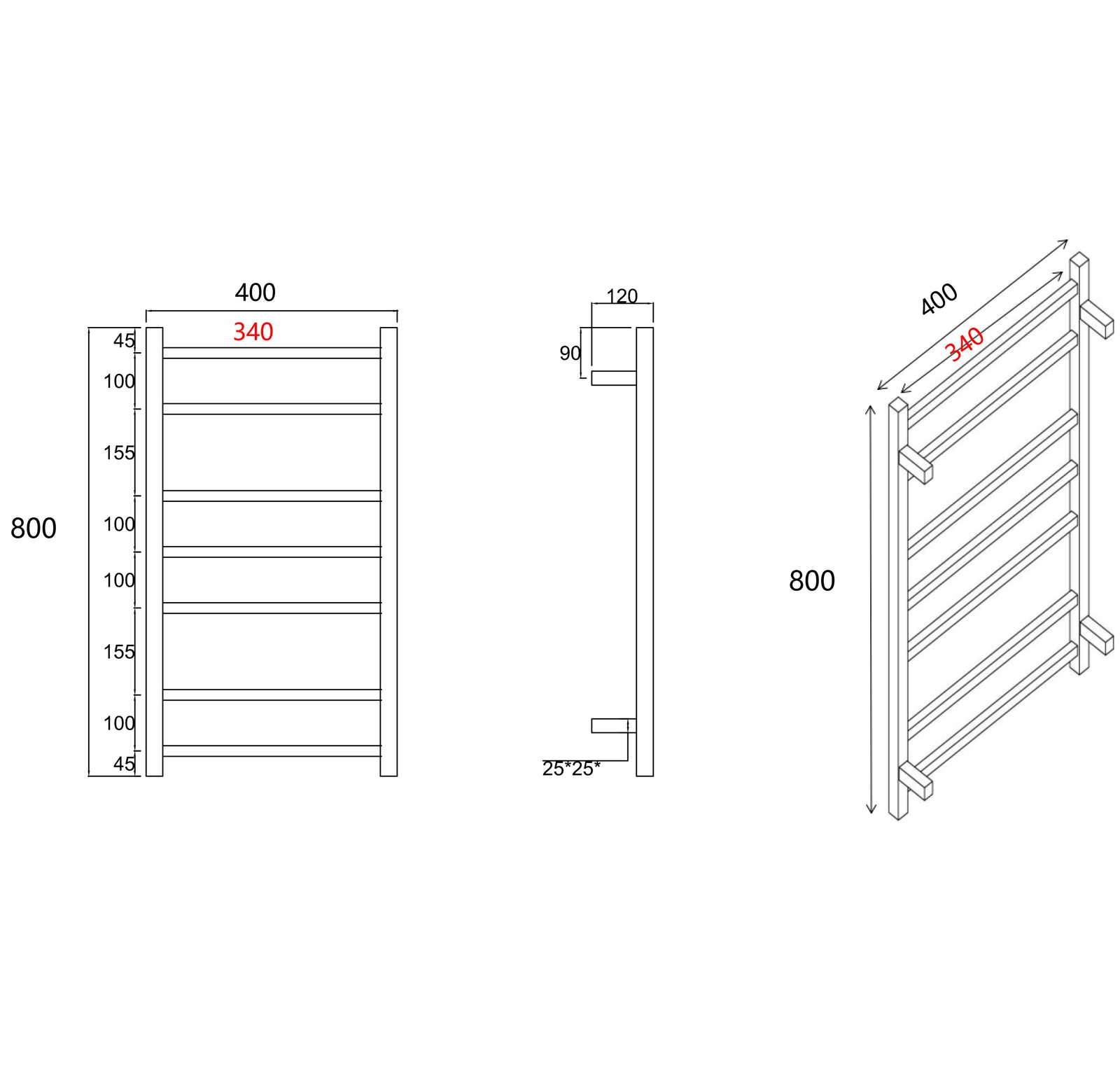 800Hx400Wx120D mm Square Matte Black Electric Heated Towel Rail 7 Bars size guide 1