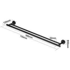 755mm Wall Mounted Double Round Towel Rail Rack Holder Stainless Steel Black - NZHomeware