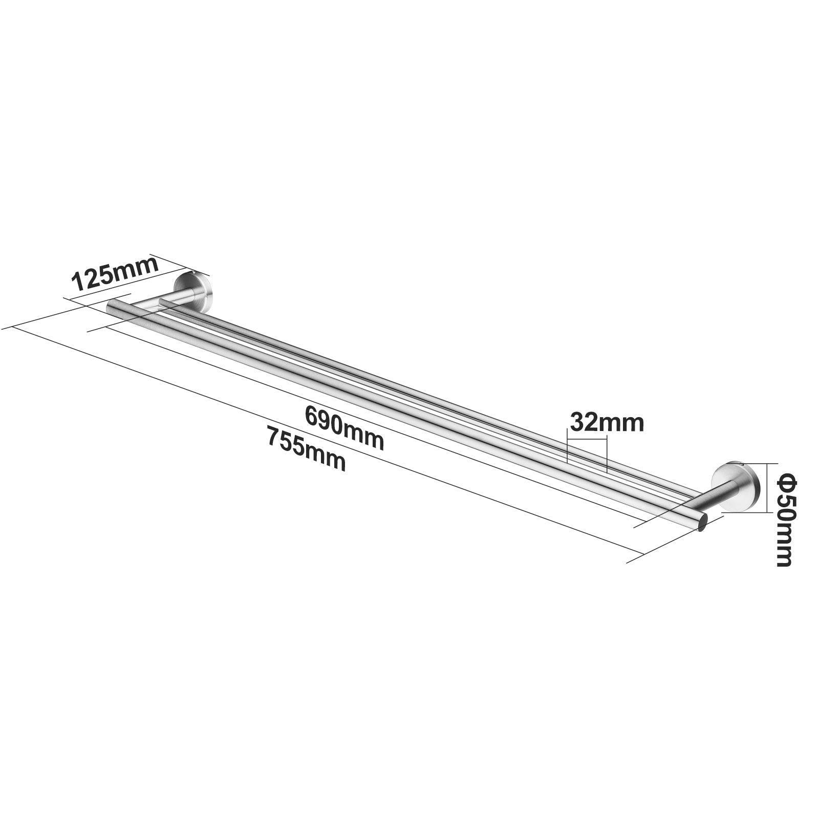 755mm Wall Mounted Double Towel Rail – Stainless Steel Black Finish size guide 1