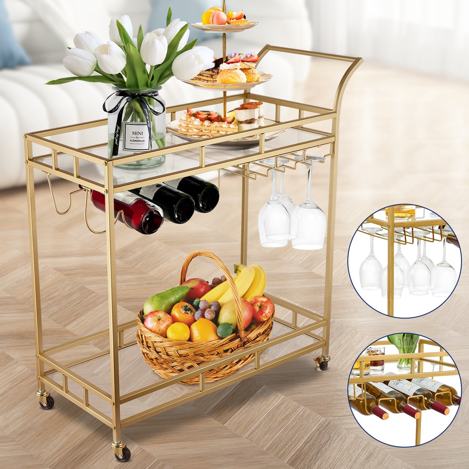 Gold Bar Trolley Cart Glass Shelves Wine Rack Rolling – NZHomeware