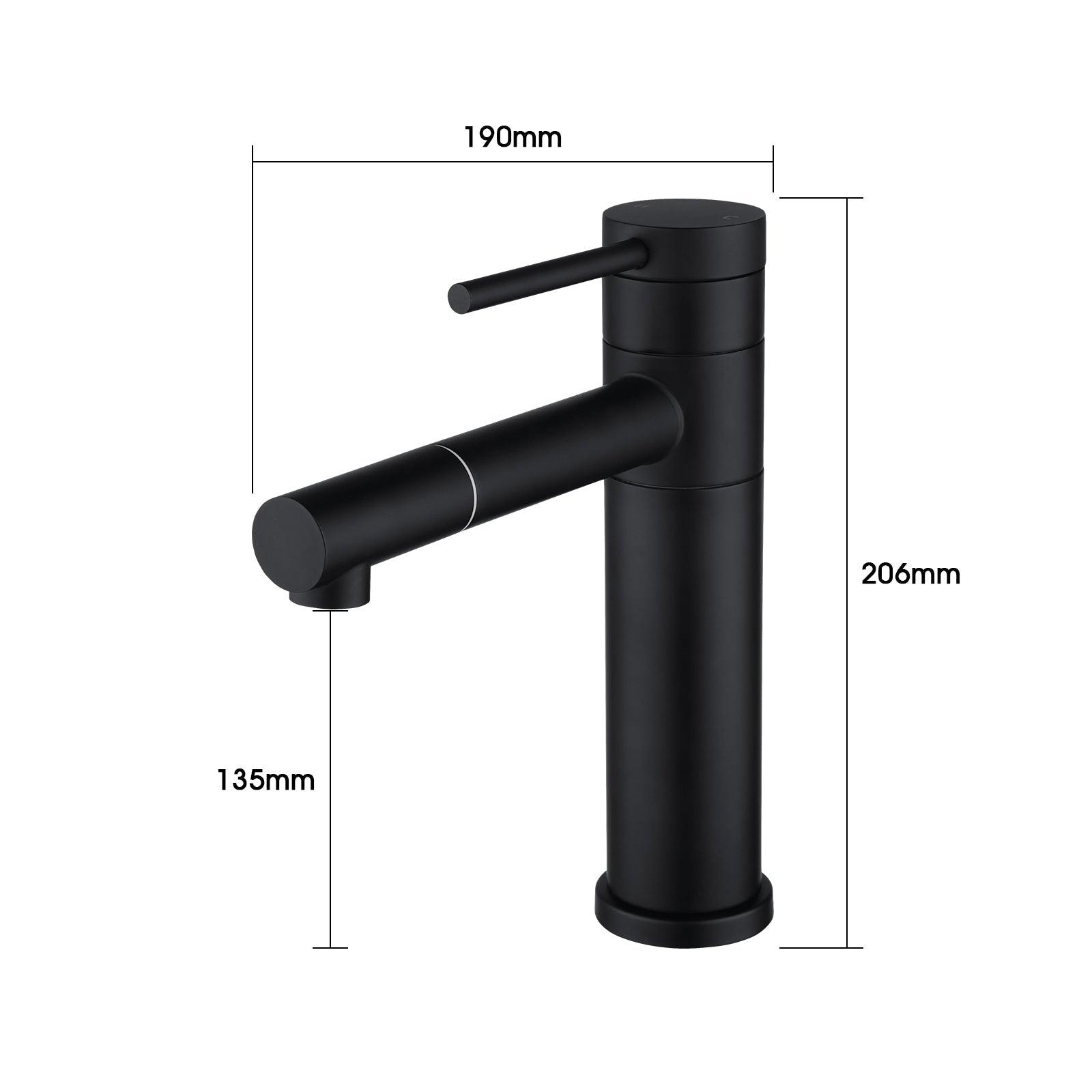 Matte Black Basin Mixer Tap Stainless Steel Swivel Spout size guide 1