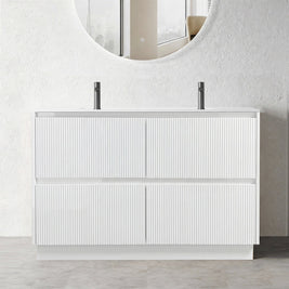 FLORAN-1 1200MM Plywood Fluted Floor Standing Vanity - Matte White Double Bowl - NZHomeware