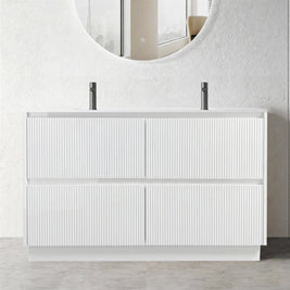 FLORAN-1 1500MM Plywood Fluted Floor Standing Vanity - Matte White Double Bowl - NZHomeware