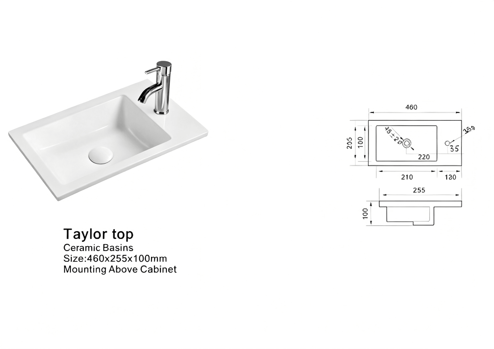 Black and Light Oak Vanity | TAYLOR 450mm Floor Standing with Ceramic Top size guide 2
