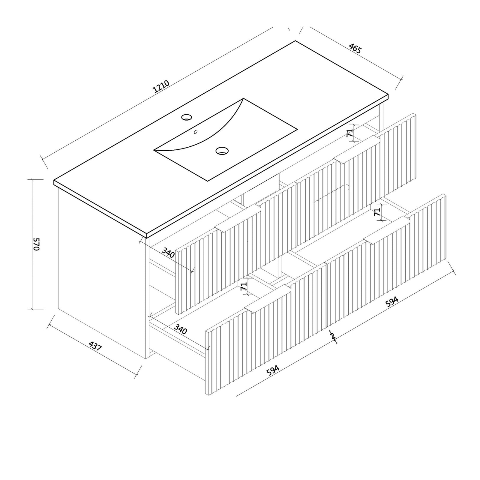 Billy 1210mm Matt White Wall Hung Vanity – Fluted Curve, 4 Drawers, Soft Close size guide 1