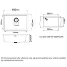 Black Granite Kitchen Sink 600x450mm Single Bowl, Top/Undermount, Scratch Resistant - NZHomeware