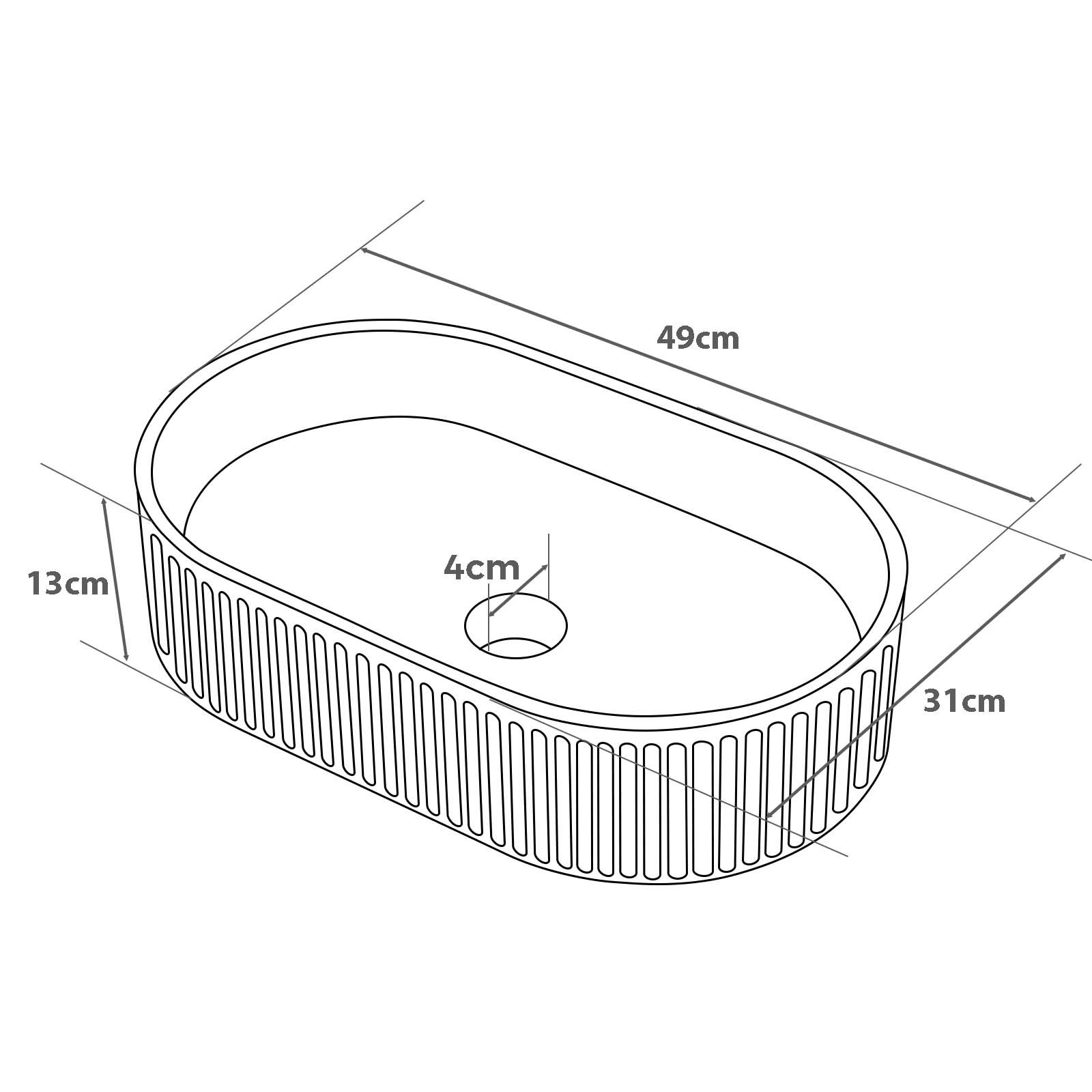 490*310*130mm Bathroom Oval Fluted Gloss White Above Counter Ceramic Wash Basin size guide 1