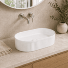 490*310*130mm Bathroom Oval Fluted Gloss White Above Counter Ceramic Wash Basin - NZHomeware
